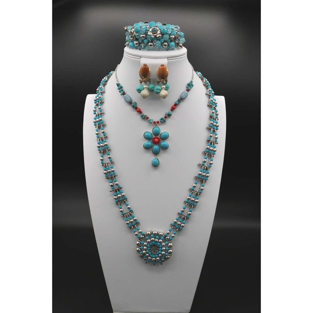 Vintage AVON SP Artisan Flower Beads Necklace Earring Bracelet Blue Silver Tone